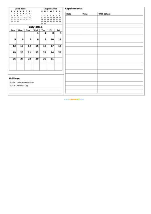 July 2015 Calendar Template Printable pdf