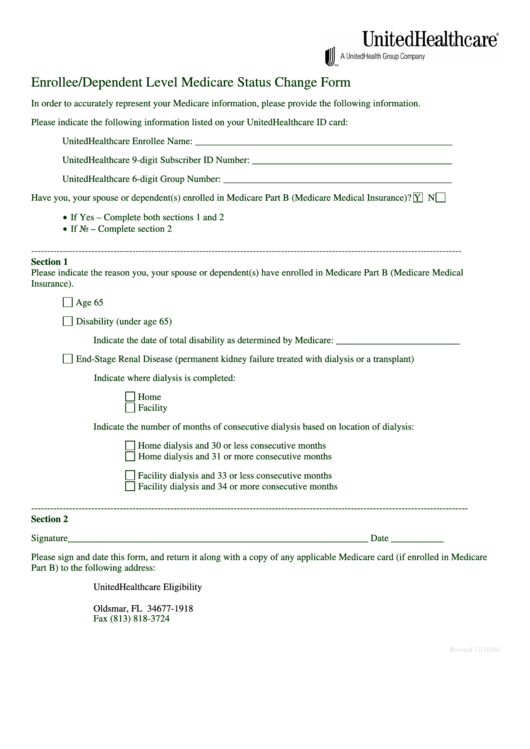 Enrollee/dependent Level Medicare Status Change Form - Unitedhealthcare Printable pdf
