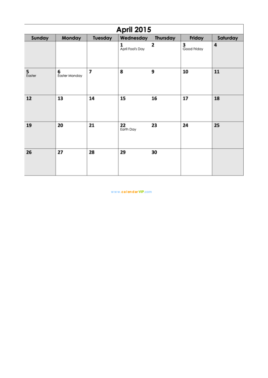 April 2015 Calendar Template Printable pdf