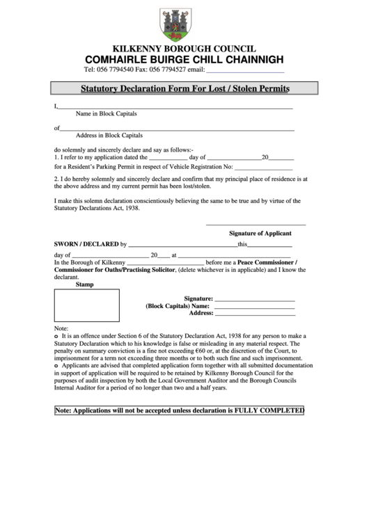 Statutory Declaration Form For Lost/stolen Permits Printable pdf