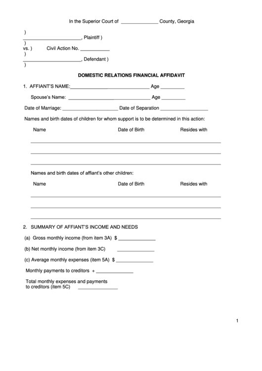 Domestic Relations Financial Affidavit - Georgia Superior Court Printable pdf