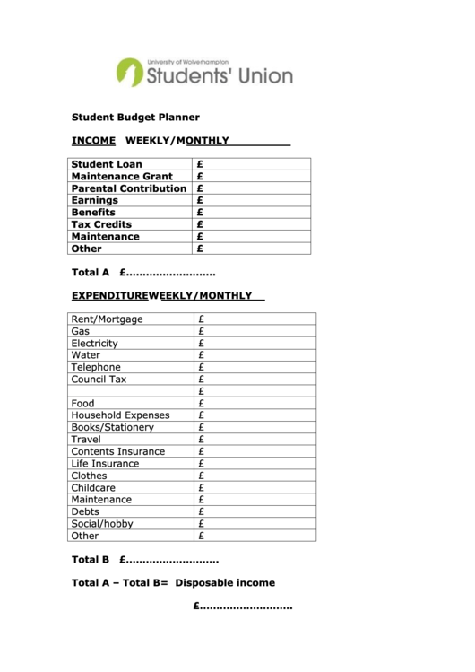 Student Budget Planner Template Printable pdf