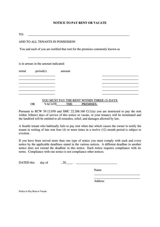 Notice To Pay Rent Or Vacate Printable pdf