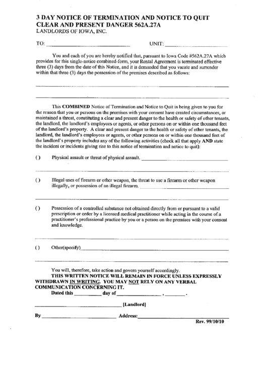Fillable 3 Day Notice Of Termination And Notice To Quit Clear And Present Danger Printable pdf