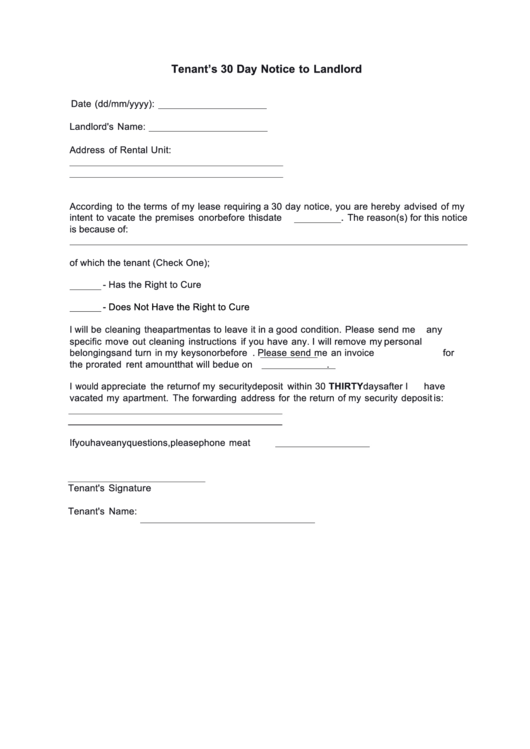 Fillable Tenants 30 Day Notice To Landlord Printable pdf