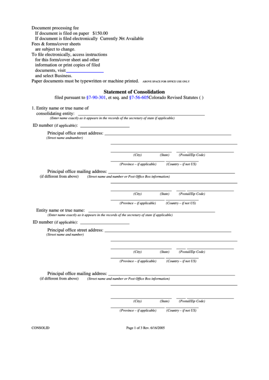 Fillable Statement Of Consolidation Form - Colorado Secretary Of State Printable pdf