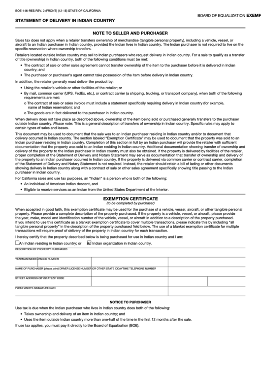 Fillable Form Boe-146 - Exemption Certificate And Statement Of Delivery In Indian Country - 2015 Printable pdf