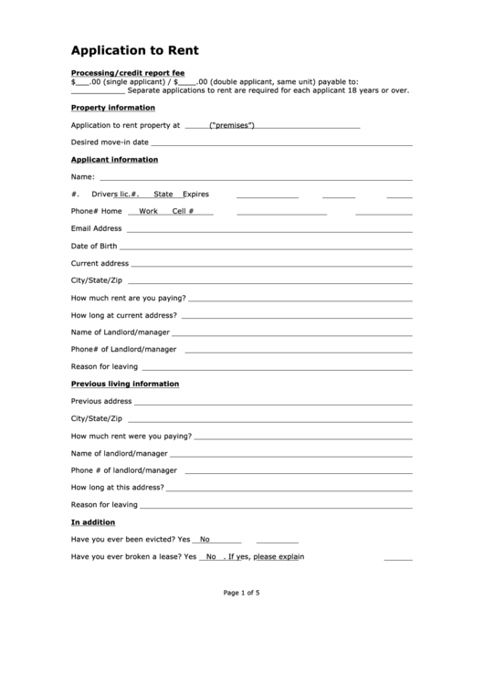 Fillable Application To Rent Template Printable pdf
