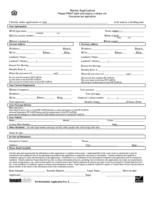 Rental Application Printable pdf