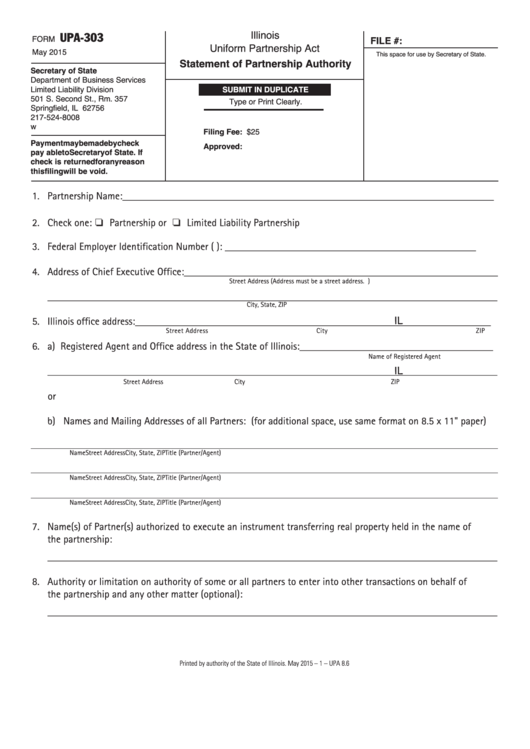 Fillable Form Upa-303 - Statement Of Partnership Authority Printable pdf