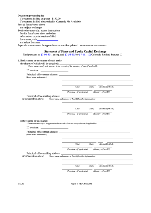 Fillable Statement Of Share And Equity Capital Exchange Form - Colorado Secretary Of State Printable pdf