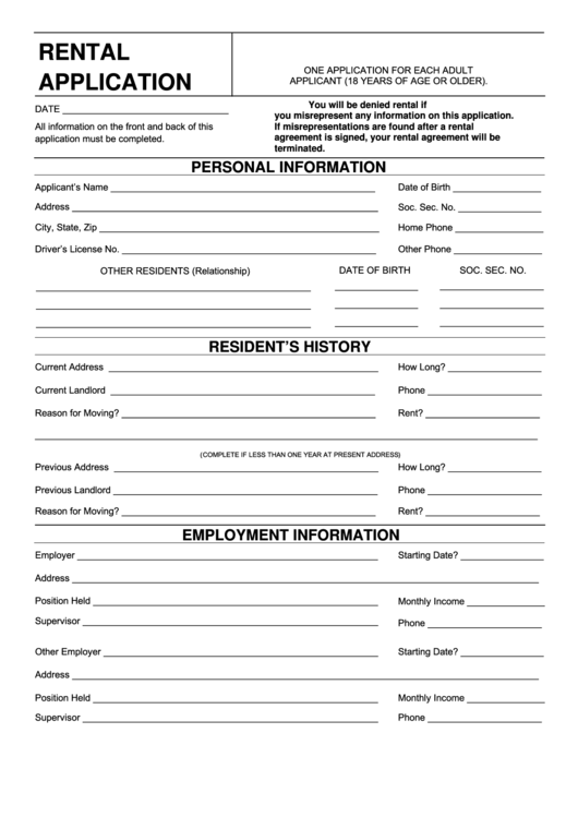 Fillable Rental Application Template Printable pdf
