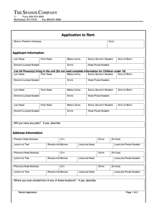 The Spanos Company Application To Rent Printable pdf