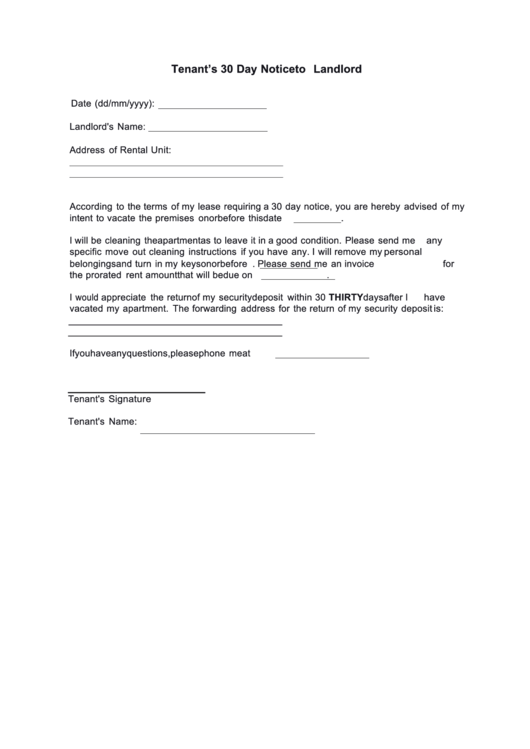 Printable 30 Day Notice To Landlord