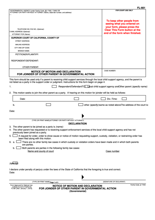 Fillable Notice Of Motion And Declaration California Superior Court Forms Printable pdf