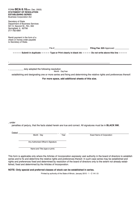 Fillable Form Bca 6.10 - Statement Of Resolution Establishing Series Printable pdf