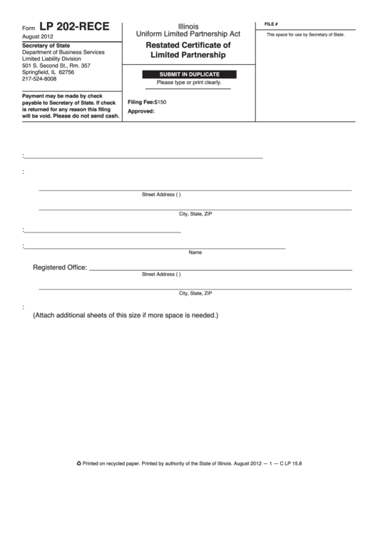 Fillable Form Lp 202-Rece - Restated Certificate Of Limited Partnership - 2012 Printable pdf