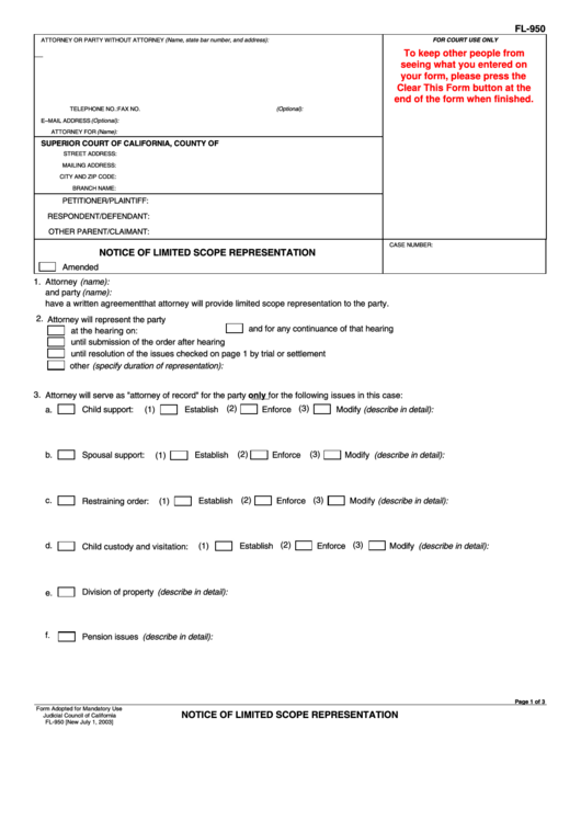 Fillable Form Fl-950 - Notice Of Limited Scope Representation - 2003 Printable pdf