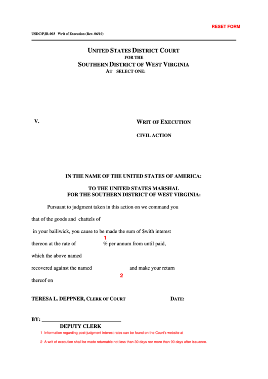 Writ Of Execution Wv Court Forms Printable pdf