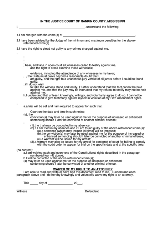 Power Of Attorney Form - Justice Court Of Rankin County, Mississippi Printable pdf