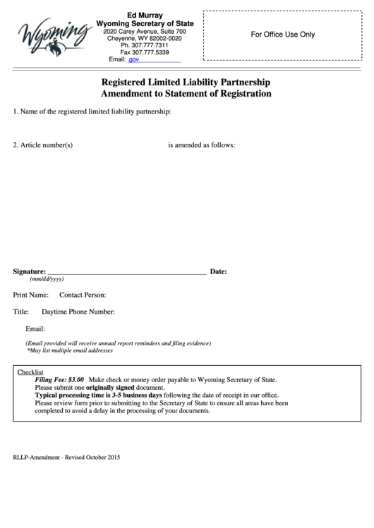 Fillable Registered Limited Liability Partnership Amendment To Statement Of Registration - Wyoming Secretary Of State Printable pdf