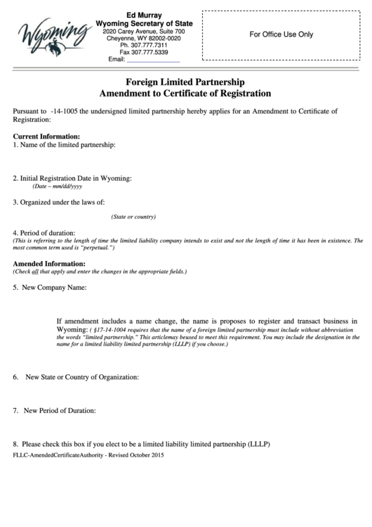Fillable Foreign Limited Partnership Amendment To Certificate Of Registration - Wyoming Secretary Of State Printable pdf