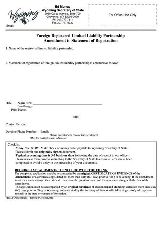 Fillable Foreign Registered Limited Liability Partnership Amendment To Statement Of Registration - Wyoming Secretary Of State - 2015 Printable pdf