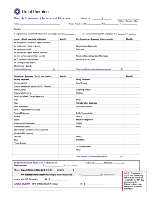 Grant Thornton Monthly Statement Of Income And Expenses Printable pdf