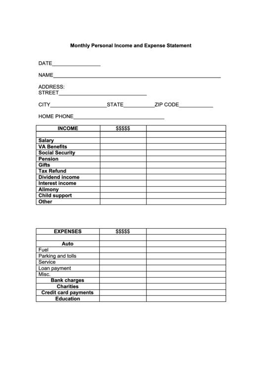 Monthly Personal Income And Expense Statement Printable pdf