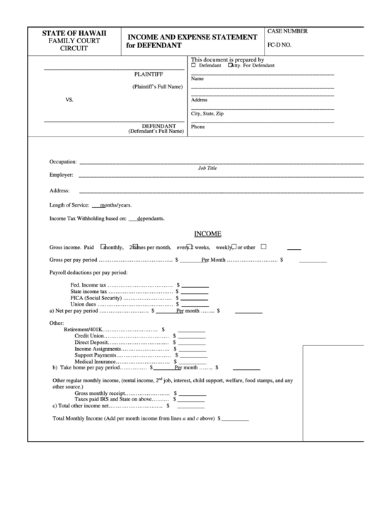 Fillable Income And Expense Statement For Defendant Printable pdf
