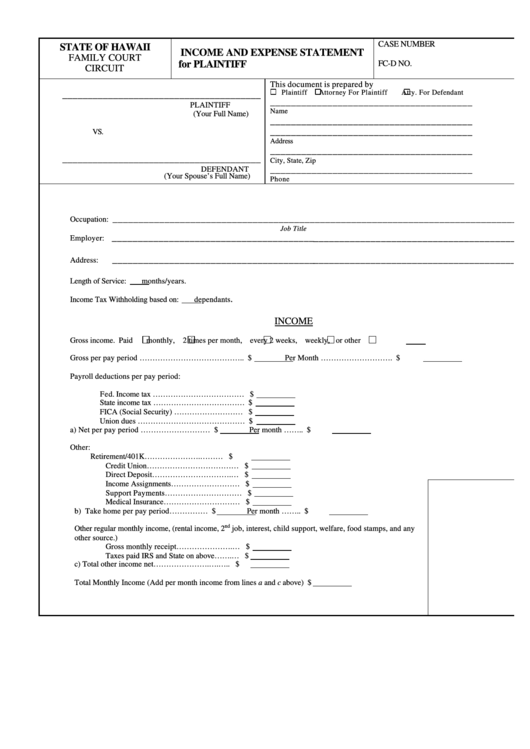 Fillable Income And Expense Statement For Plaintiff Printable pdf