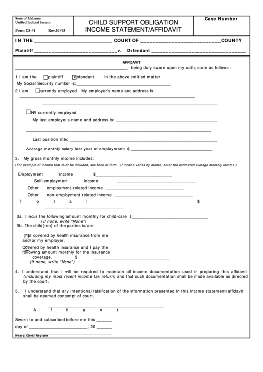 Fillable Child Support Obligation Income Statement/affidavit Printable pdf