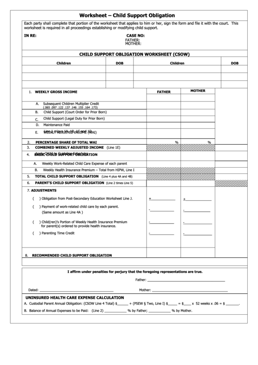 Fillable Worksheet - Child Support Obligation Printable pdf