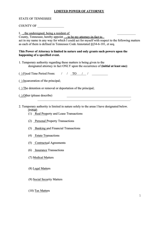 Fillable Limited Power Of Attorney Form Printable pdf