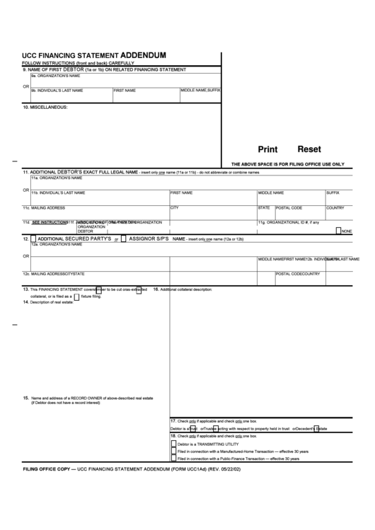 Fillable Form Ucc1ad - Ucc Financing Statement Addendum - 2002 Printable pdf