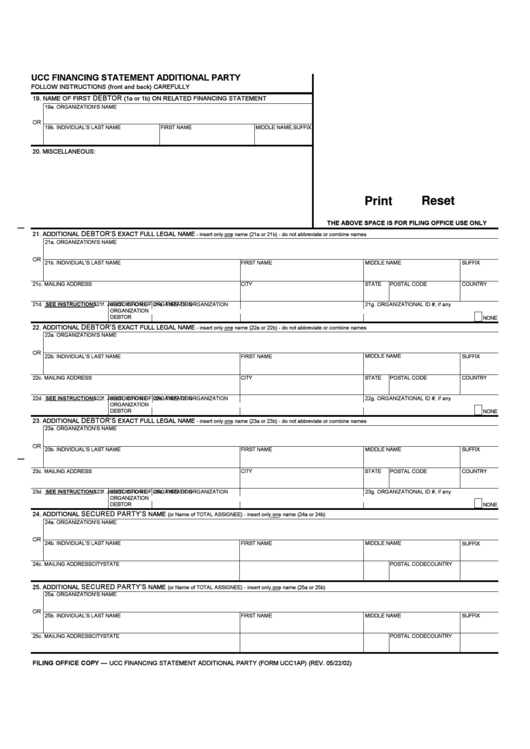 Fillable Ucc Financing Statement Additional Party Printable pdf