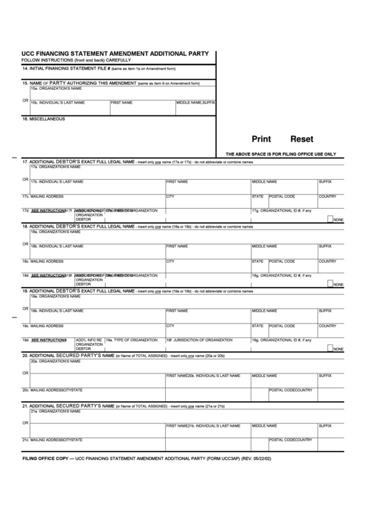 Fillable Ucc Financing Statement Amendment Additional Party Printable pdf