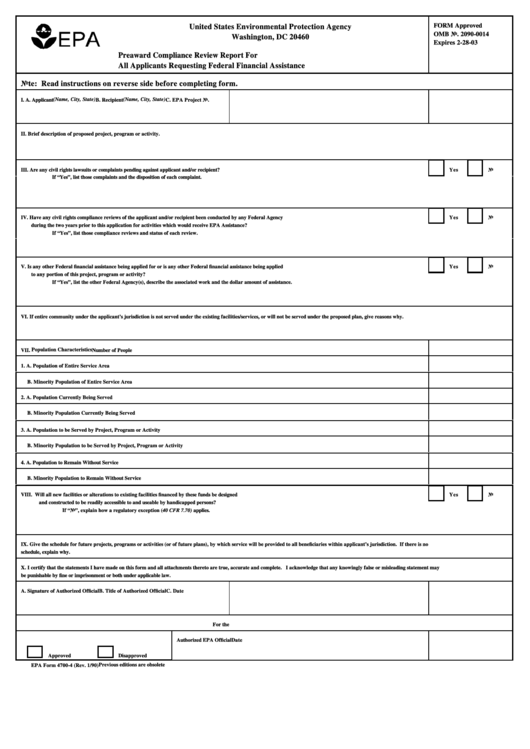 Fillable Preaward Compliance Review Report For All Applicants Requesting Federal Financial Assistance Form Printable pdf