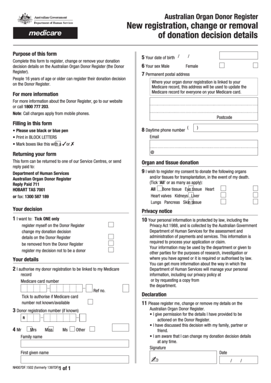 Fillable Australian Organ Donor Register Printable pdf