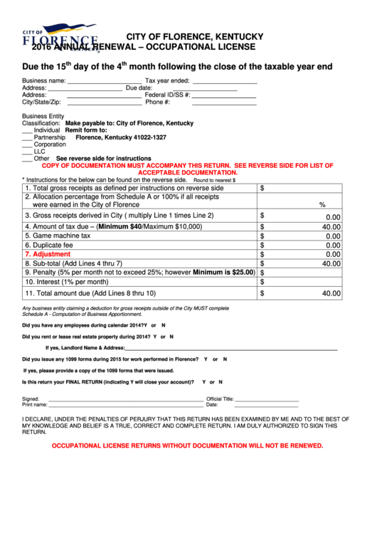 Fillable Annual Renewal - Occupational License - City Of Florence - 2016 Printable pdf