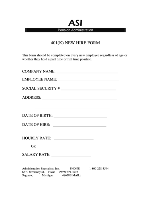 401(K) New Hire Form Printable pdf