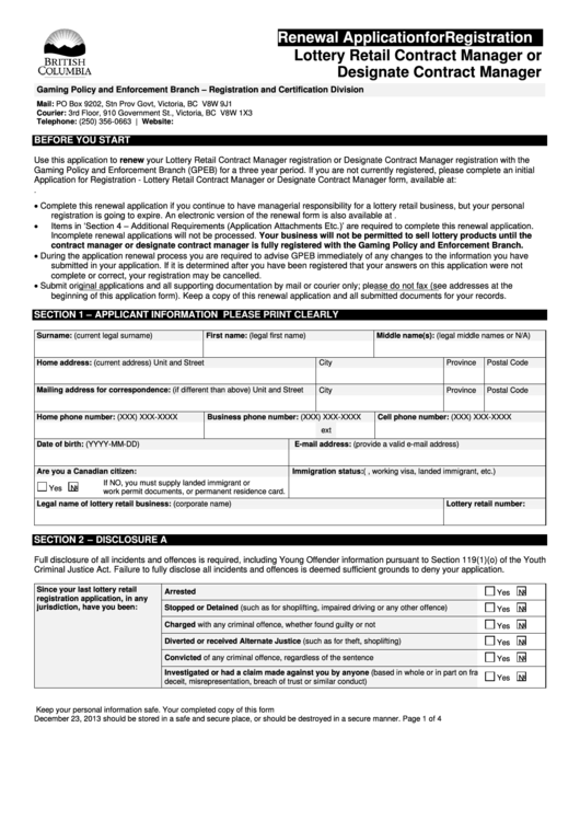 Renewal Application For Registration - Lottery Retail Contract Manager Or Designate Contract Manager Printable pdf