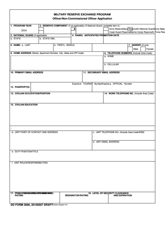 Fillable Dd Form 3006 - Military Reserve Exchange Program Officer/non-Commissioned Officer Application Printable pdf