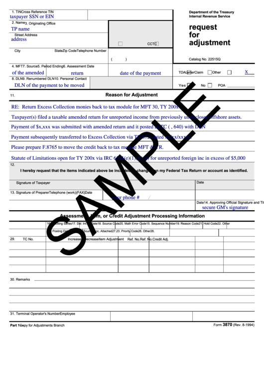 Fillable Request For Adjustment Form 3870 Printable pdf