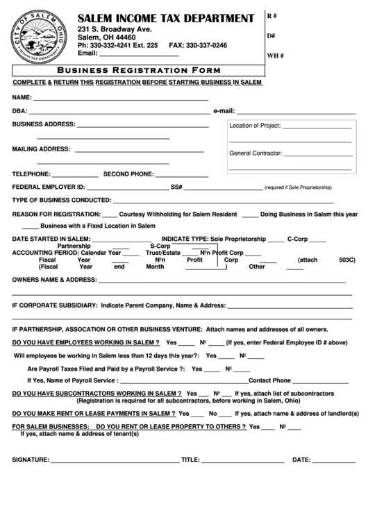 Business Registration Form Printable pdf
