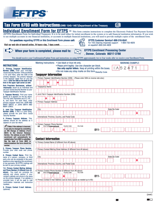 Fillable Form 9783 - Eftps Individual Enrollment Form (2005) Printable pdf