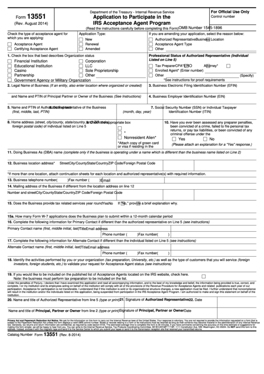 Form 13551 - Application To Participate In The Irs Acceptance Agent Program - 2017