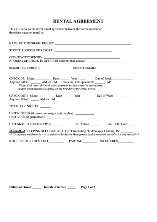 Timeshare Resort Rental Agreement Form printable pdf download