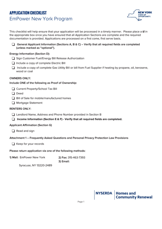 Fillable Empower New York Program Application Checklist Printable pdf