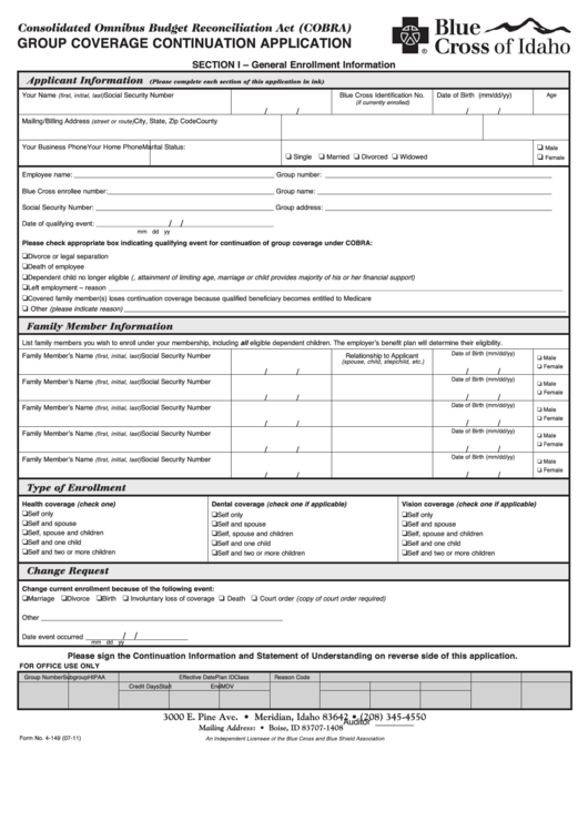 Group Coverage Continuation Application - Blue Cross Of Idaho printable ...